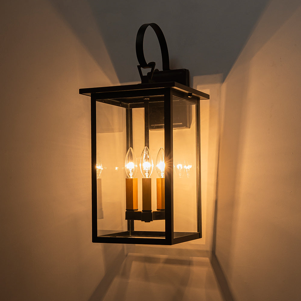 3-Light Black And Gold Waterproof Rectangular Glass Outdoor Wall Light