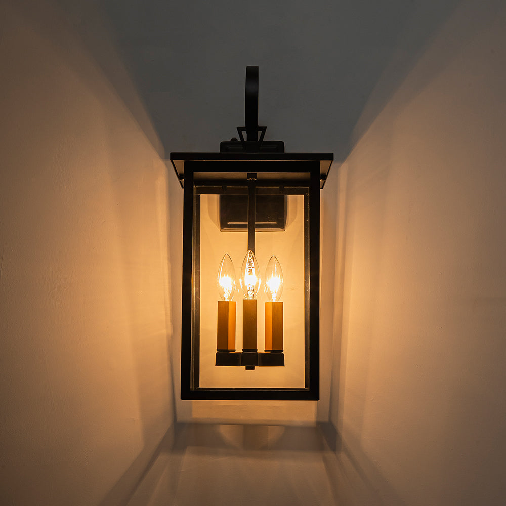 3-Light Black And Gold Waterproof Rectangular Glass Outdoor Wall Light