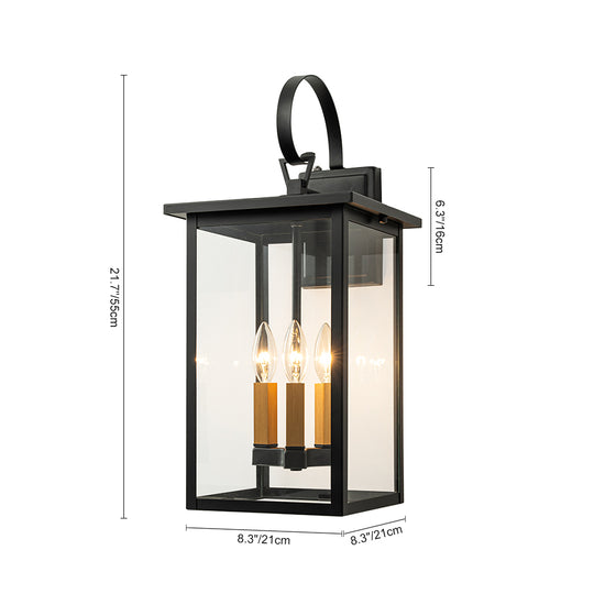 3-Light Black And Gold Waterproof Rectangular Glass Outdoor Wall Light