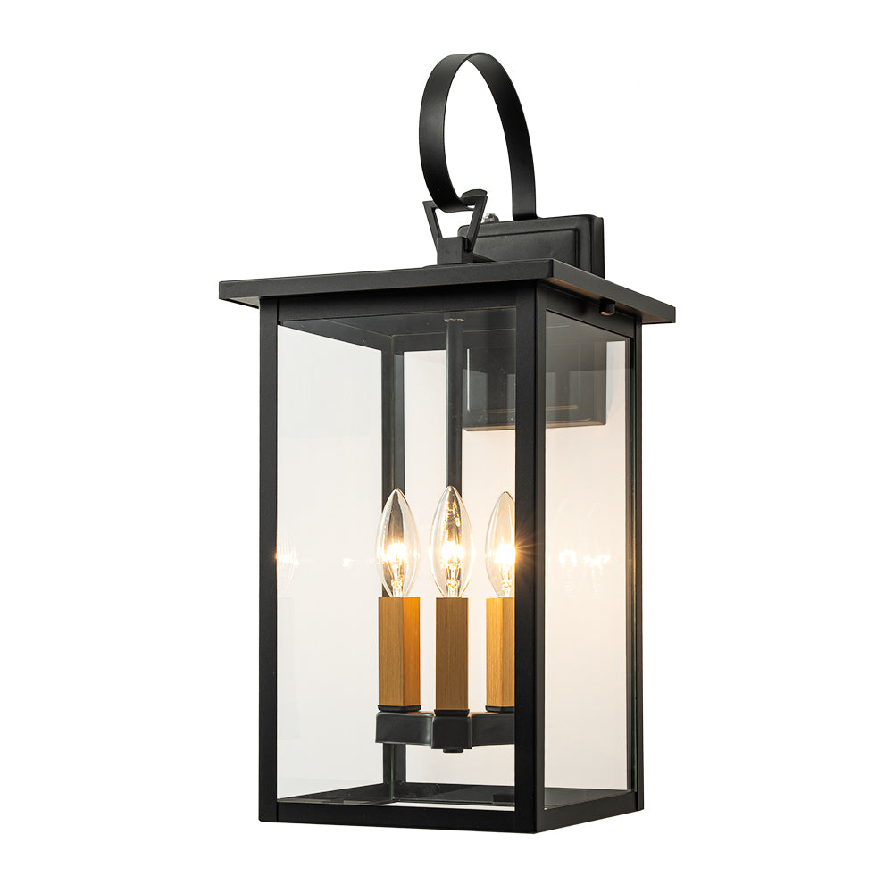 3-Light Black And Gold Waterproof Rectangular Glass Outdoor Wall Light