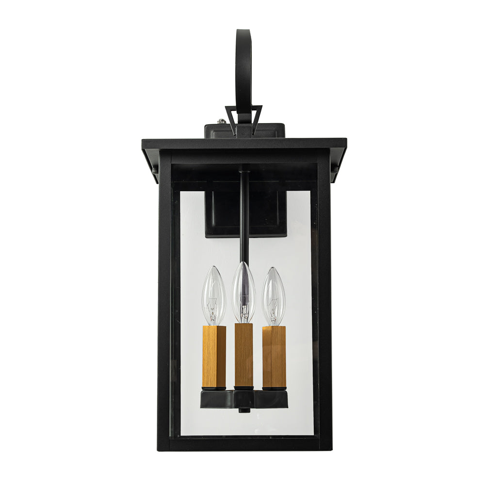 3-Light Black And Gold Waterproof Rectangular Glass Outdoor Wall Light