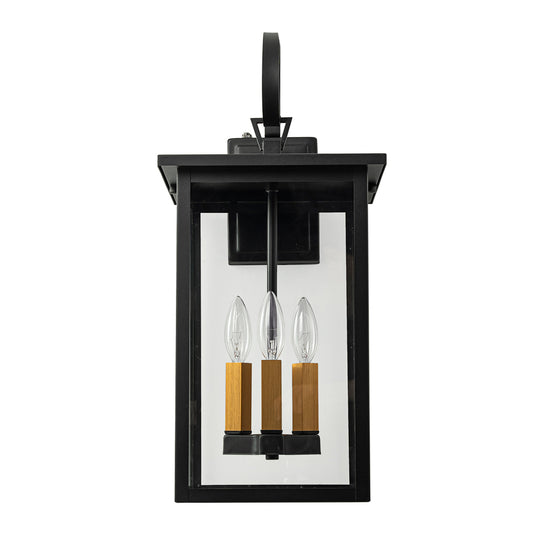 3-Light Black And Gold Waterproof Rectangular Glass Outdoor Wall Light