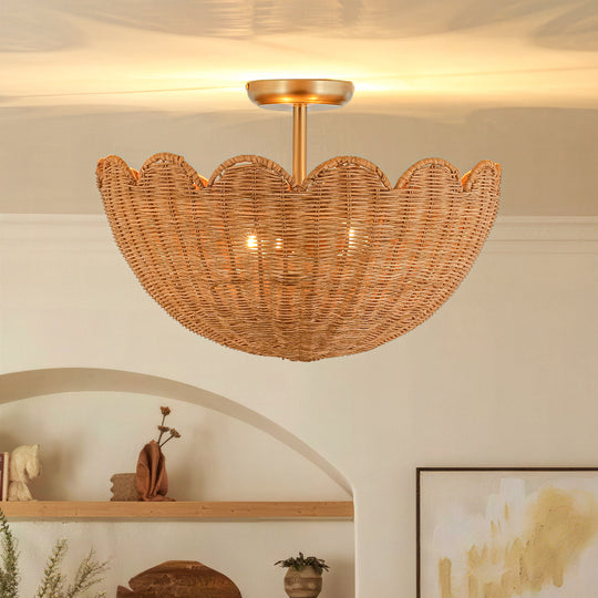 Boho Farmhouse 2-Light Scalloped Bowl Handwoven Rattan Semi Flush Mount