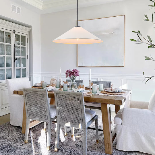 Contemporary 1-Light Fabric Conical Linen White Pendant