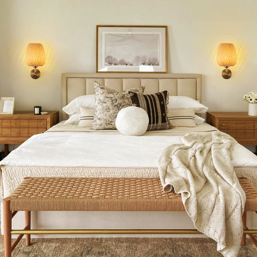 Contemporary 1-Light Hand Weaving Rattan Round Basket Wall Sconce