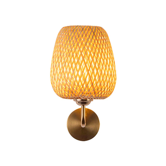 Contemporary 1-Light Hand Weaving Rattan Round Basket Wall Sconce