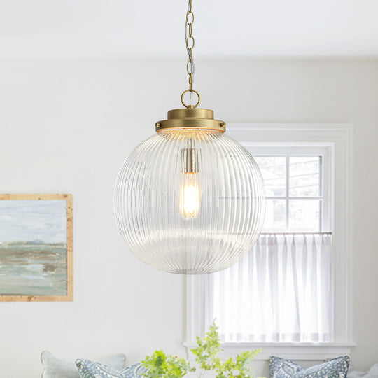 Contemporary 1-Light Ribbed Clear Glass Orb Pendant Light