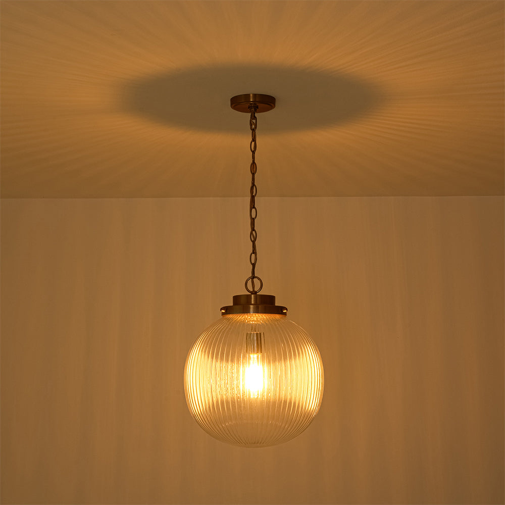 Contemporary 1-Light Ribbed Clear Glass Orb Pendant Light