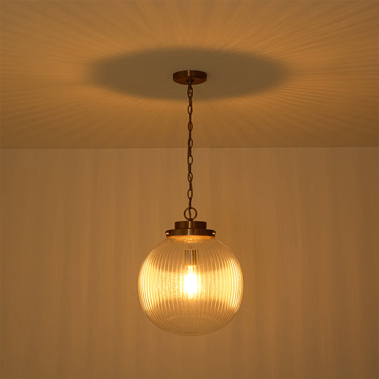 Contemporary 1-Light Ribbed Clear Glass Orb Pendant Light