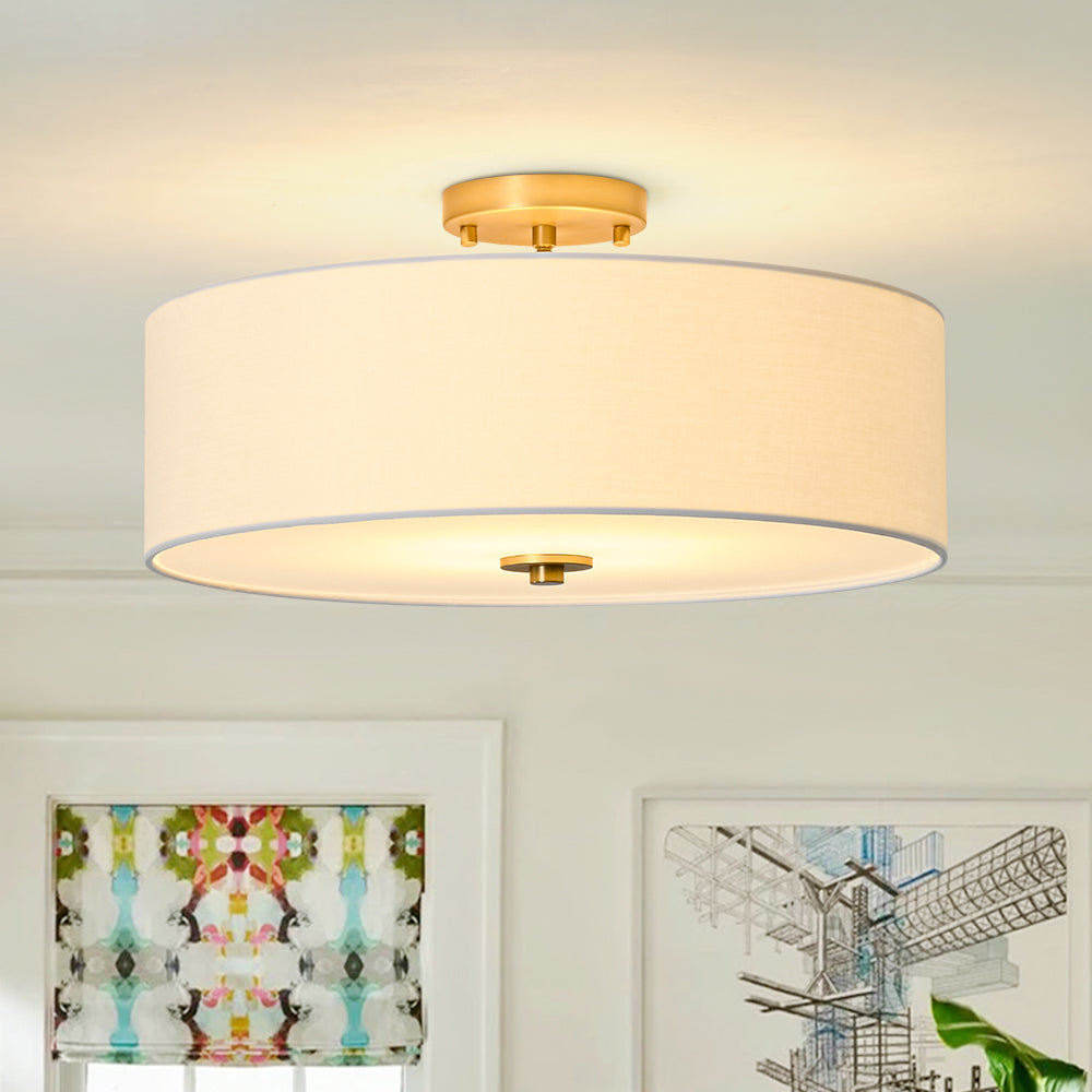 Contemporary 4-Light Tiered Fabric Linen Drum Semi Ceiling Light