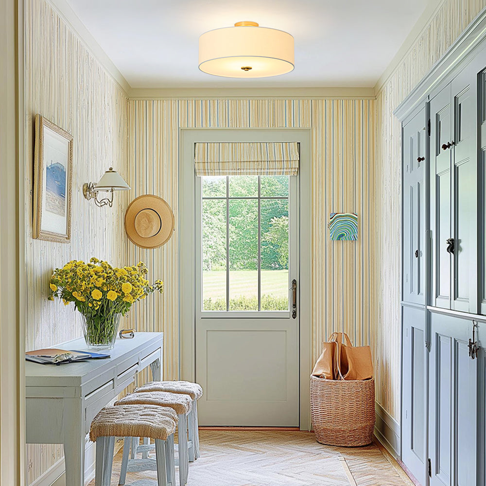 Contemporary 4-Light Tiered Fabric Linen Drum Semi Ceiling Light