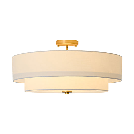 Contemporary 4-Light Tiered Fabric Linen Drum Semi Ceiling Light