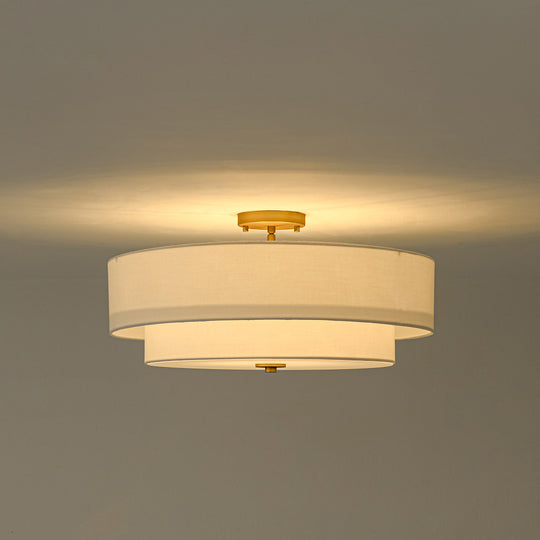 Contemporary 4-Light Tiered Fabric Linen Drum Semi Ceiling Light
