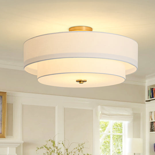 Contemporary 4-Light Tiered Fabric Linen Drum Semi Ceiling Light