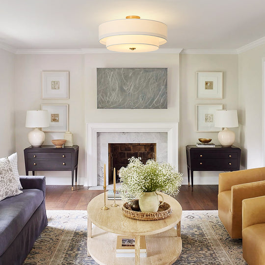 Contemporary 4-Light Tiered Fabric Linen Drum Semi Ceiling Light