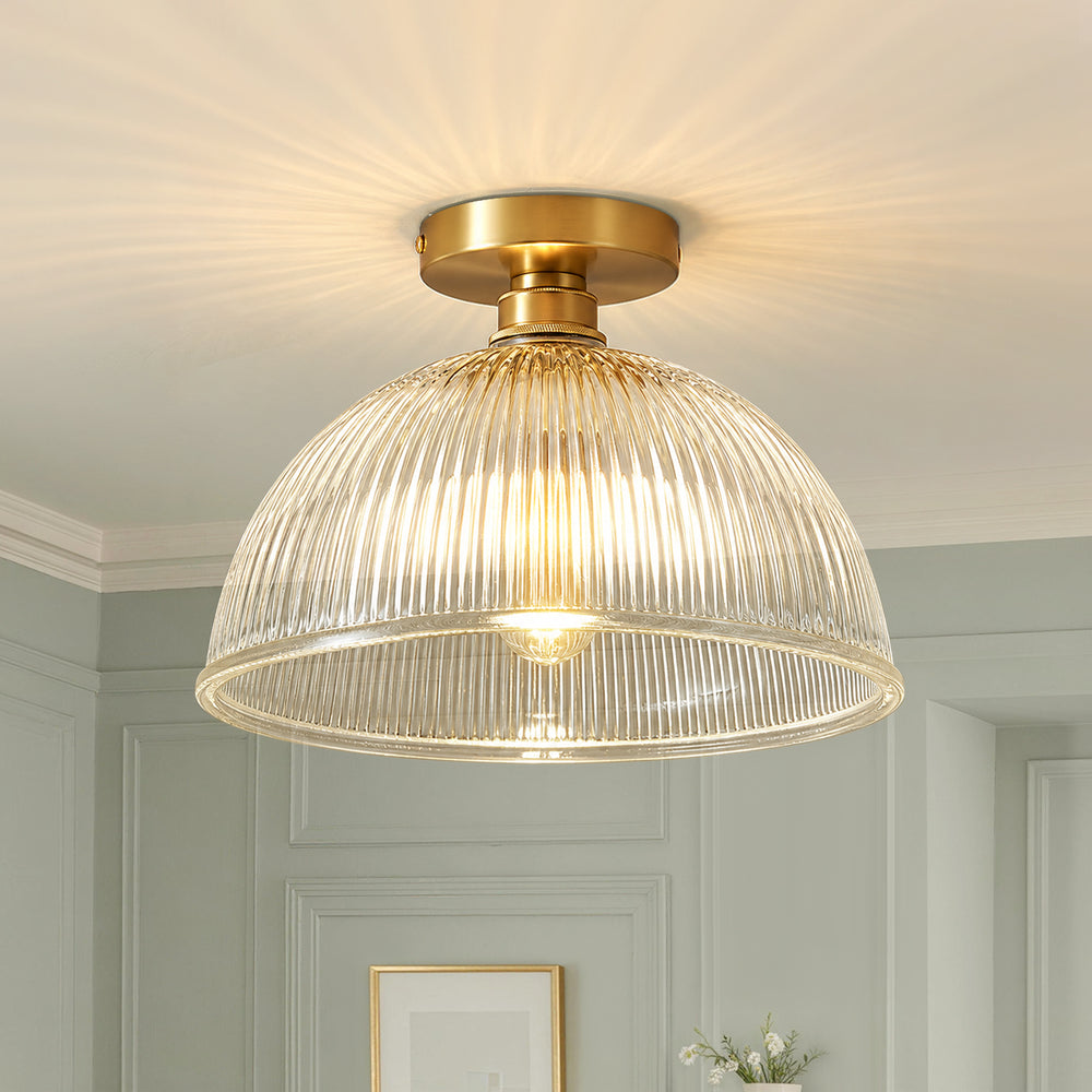 Farmhouse 1-Light Clear Ribbed Dome Shape Glass Semi Ceiling Light