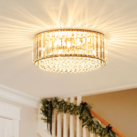 Modern 3-Light Round Drum Crystal Flush Ceiling Light