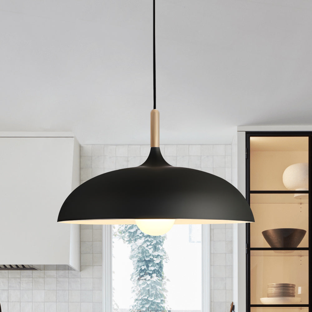 Modern Nordic 1-Light Wood Accents Wide Dome Pendant Light