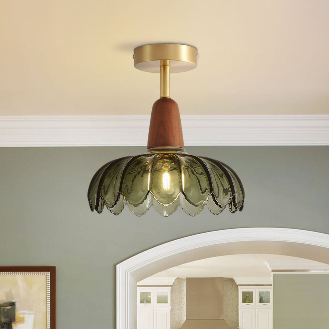 Retro 1-Light Green Flower Glass Semi Ceiling Light With Wood Accents