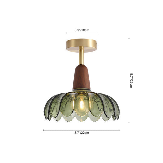 Retro 1-Light Green Flower Glass Semi Ceiling Light With Wood Accents