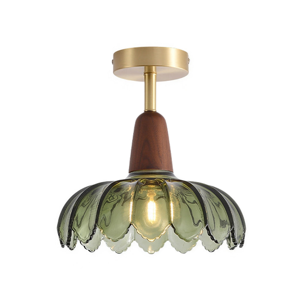 Retro 1-Light Green Flower Glass Semi Ceiling Light With Wood Accents
