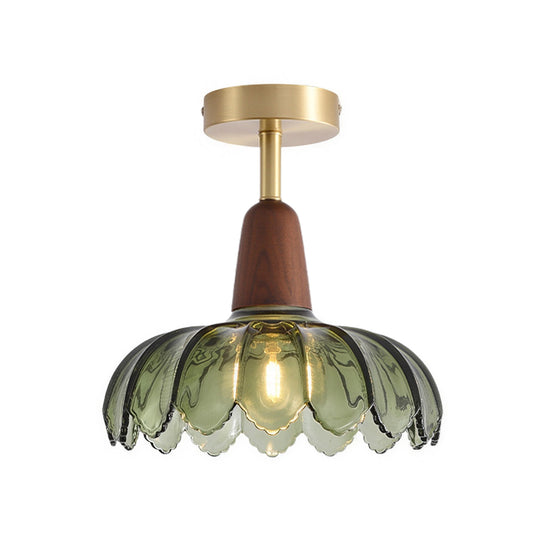 Retro 1-Light Green Flower Glass Semi Ceiling Light With Wood Accents