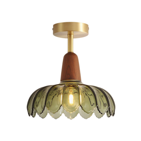 Retro 1-Light Green Flower Glass Semi Ceiling Light With Wood Accents