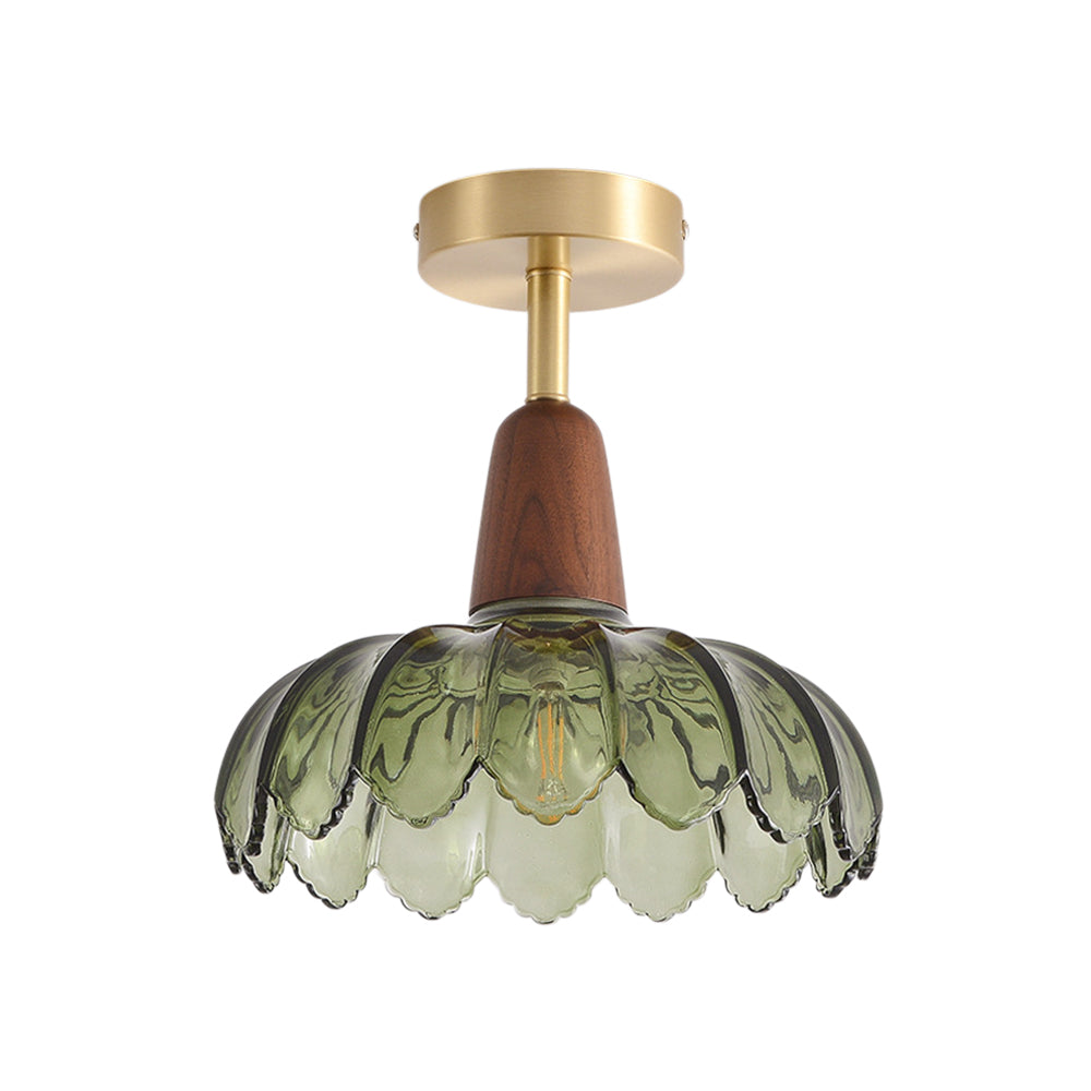 Retro 1-Light Green Flower Glass Semi Ceiling Light With Wood Accents
