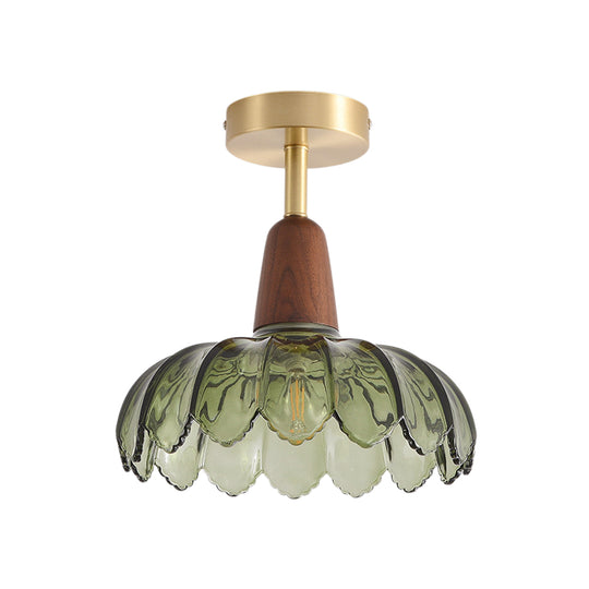 Retro 1-Light Green Flower Glass Semi Ceiling Light With Wood Accents