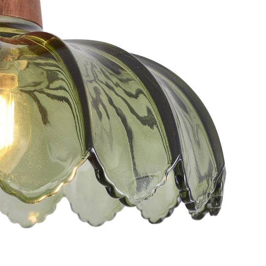 Retro 1-Light Green Flower Glass Semi Ceiling Light With Wood Accents