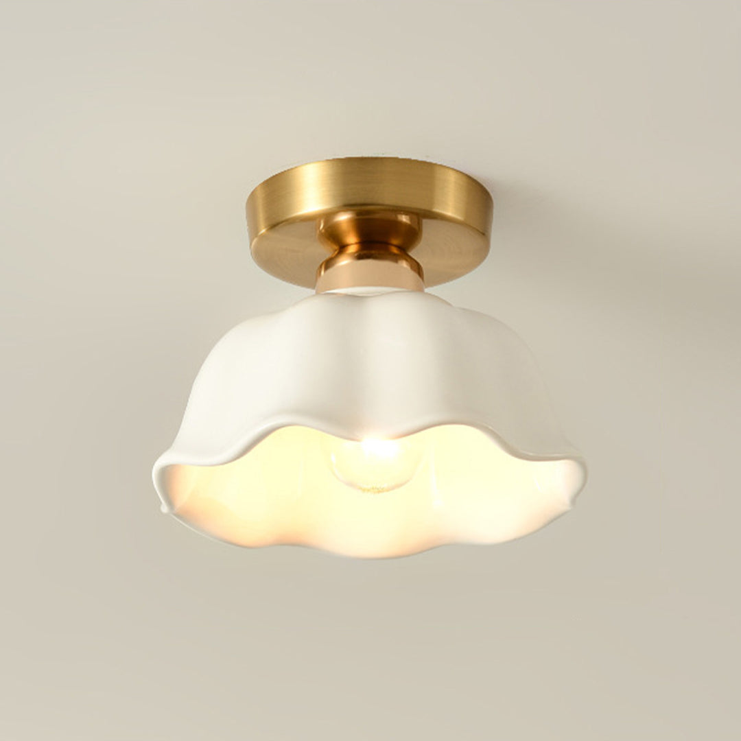 Retro Minimalist 1-Light Scalloped Flower White Ceramic Ceiling Light