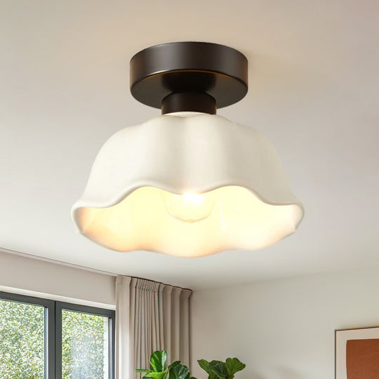 Retro Minimalist 1-Light Scalloped Flower White Ceramic Ceiling Light