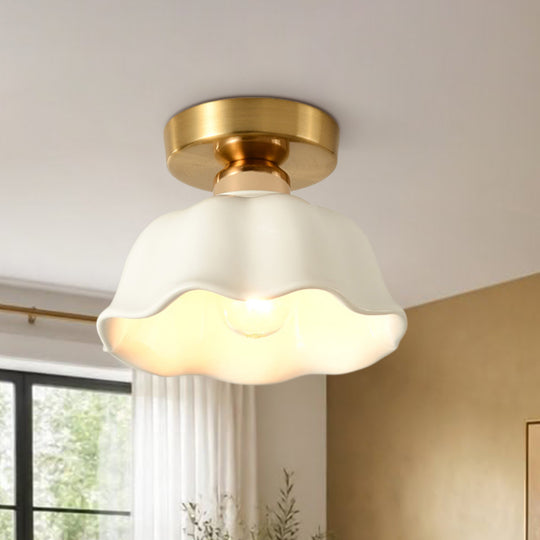 Retro Minimalist 1-Light Scalloped Flower White Ceramic Ceiling Light