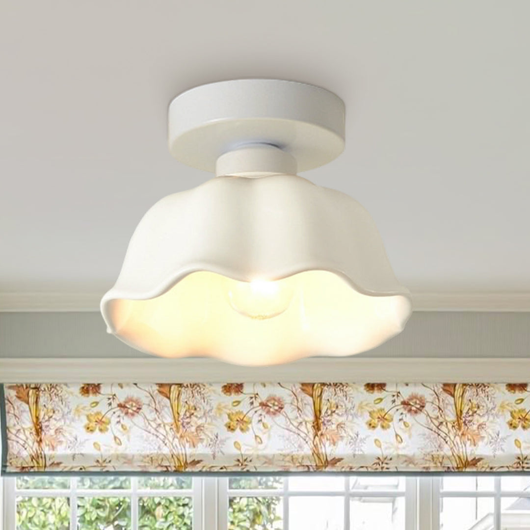 Retro Minimalist 1-Light Scalloped Flower White Ceramic Ceiling Light