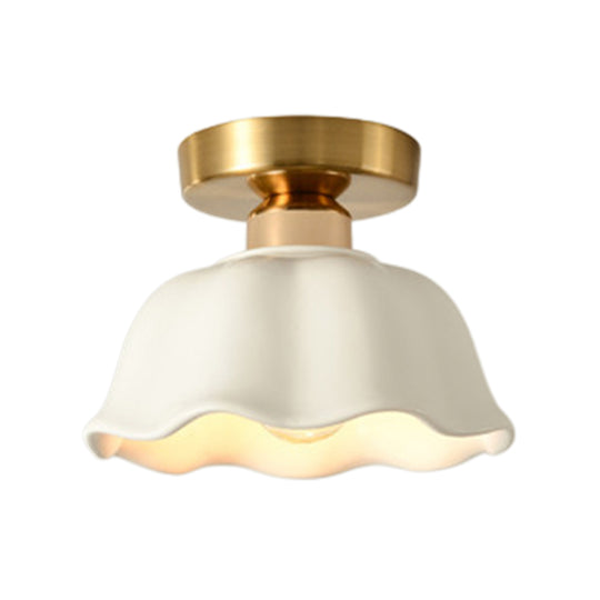Retro Minimalist 1-Light Scalloped Flower White Ceramic Ceiling Light