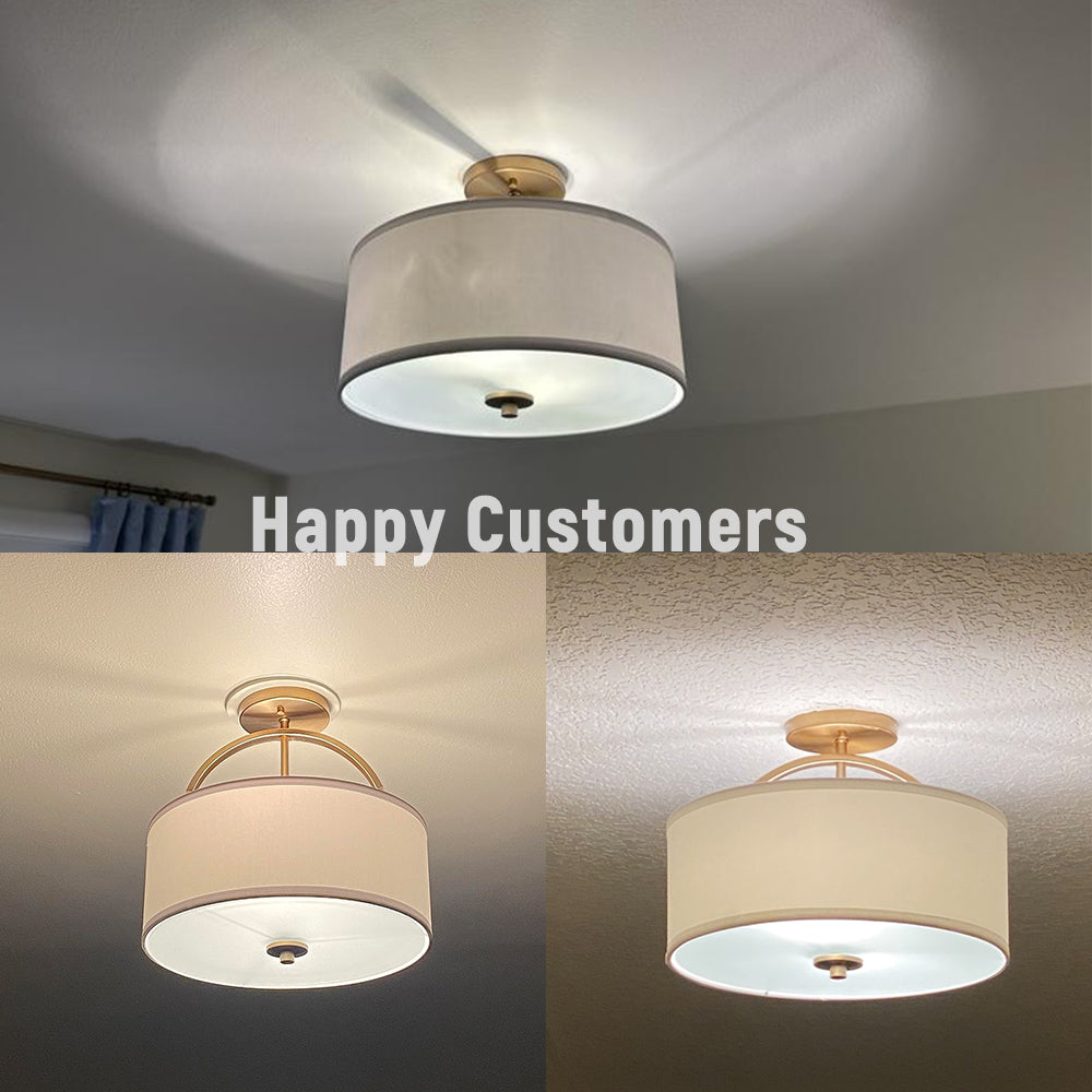 Scandinavian 2-Light Linen Shade Drum Semi Flush Mount