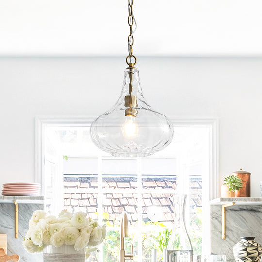 Sculptural 1-Light Teardrop Gourd-Shaped Clear Hammered Glass Pendant