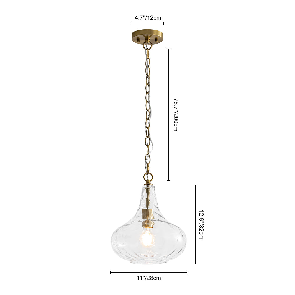 Sculptural 1-Light Teardrop Gourd-Shaped Clear Hammered Glass Pendant