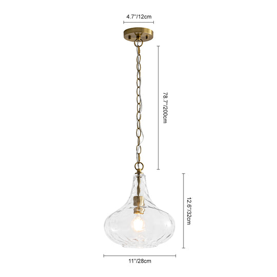Sculptural 1-Light Teardrop Gourd-Shaped Clear Hammered Glass Pendant