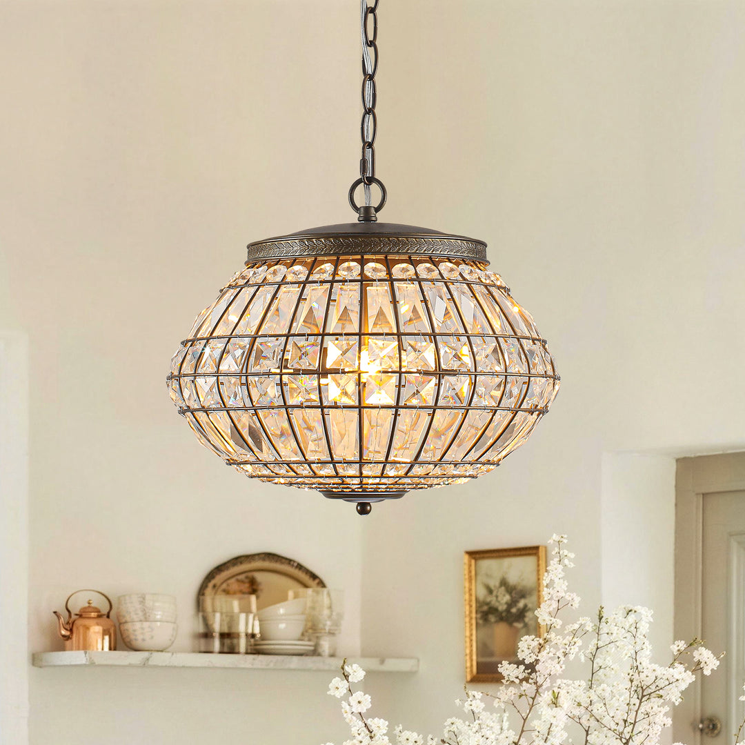 Vintage French Style 3-Light Lantern Globe Crystal Chandelier