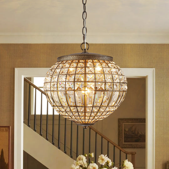 Vintage French Style 3-Light Lantern Globe Crystal Chandelier