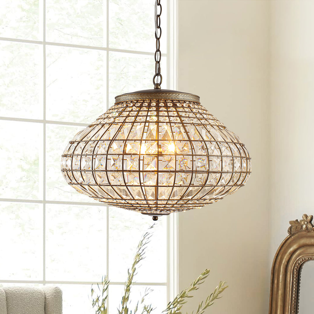 Vintage French Style 3-Light Lantern Globe Crystal Chandelier