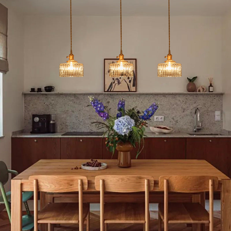 Vintage Minimalist 1-Light Strip Patterned Glass Drum Round Pendant Light