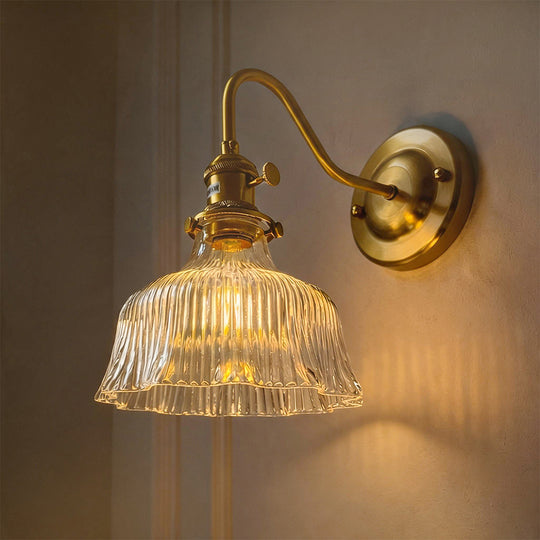 Vintage Minimalist 1-Light Striped Glass Waved Edge Flower Wall Sconce