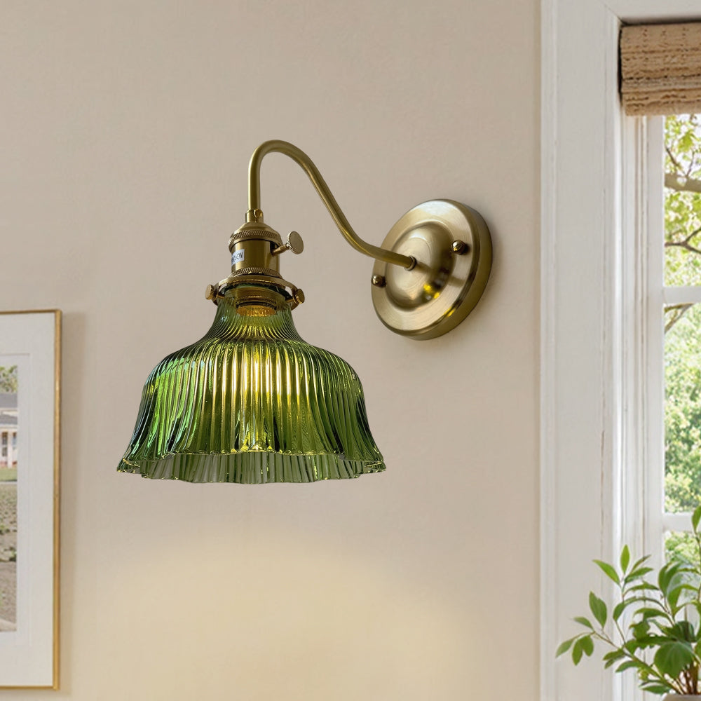 Vintage Minimalist 1-Light Striped Glass Waved Edge Flower Wall Sconce