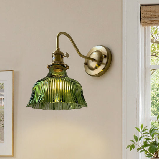 Vintage Minimalist 1-Light Striped Glass Waved Edge Flower Wall Sconce