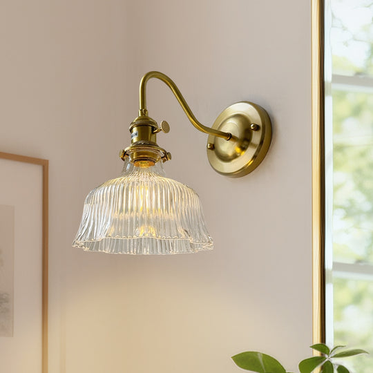 Vintage Minimalist 1-Light Striped Glass Waved Edge Flower Wall Sconce