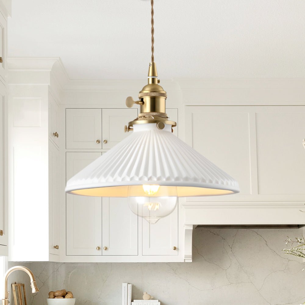 Pendantlightie - 1 - Light Ceramic White Vintage Pleated Conical Pendant - Pendants - White - 