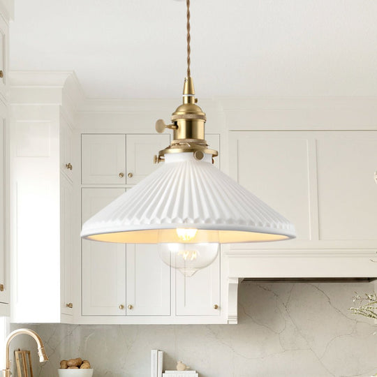 Pendantlightie - 1 - Light Ceramic White Vintage Pleated Conical Pendant - Pendants - White - 