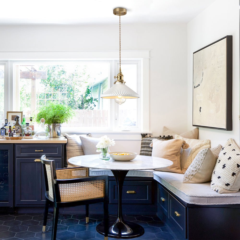 Pendantlightie - 1 - Light Ceramic White Vintage Pleated Conical Pendant - Pendants - White - 